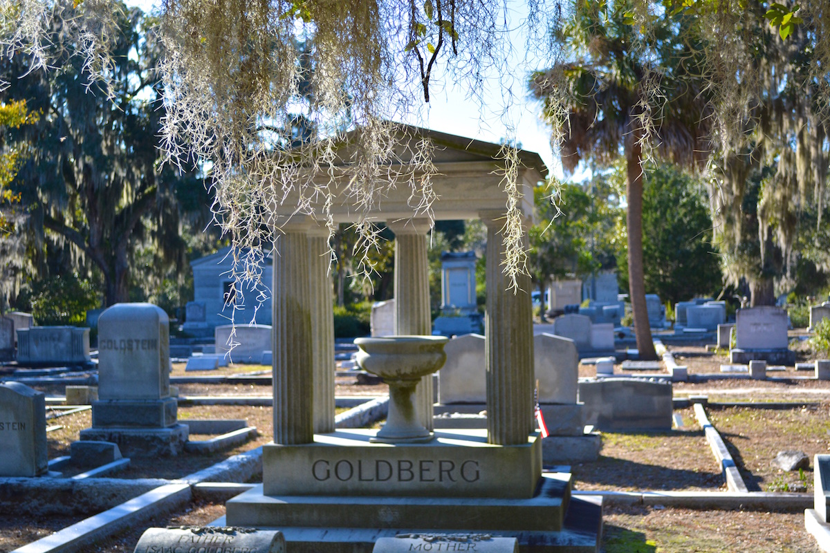 Bonaventure Cemetery with hanging trees and white gazebo memorial with name GOLDBERG on it.