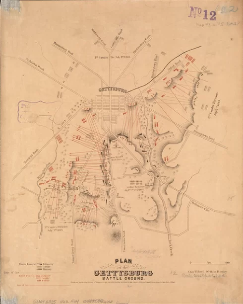 Sepia colored map with black writing for the town of Gettysburg